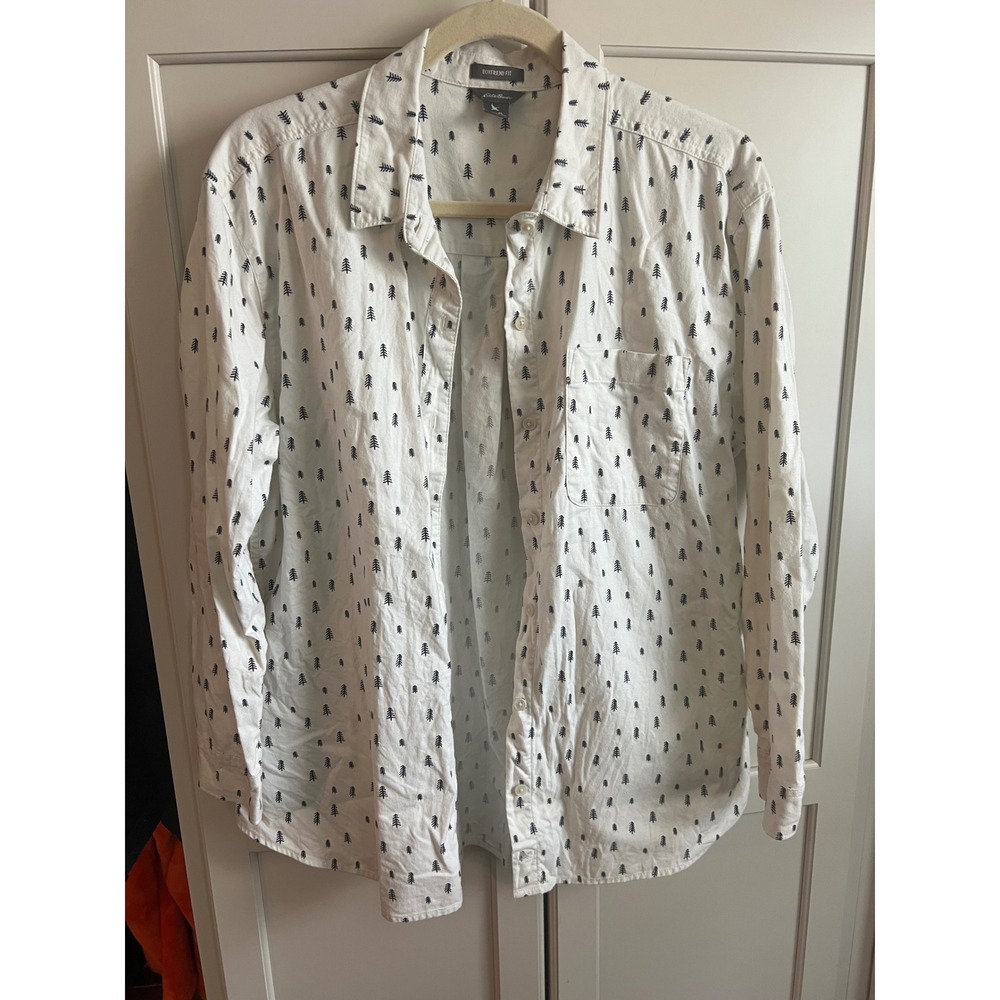 Eddie Bauer Womens White Pine Tree Print Cotton Boyfriend Fit Button Down‎ Shirt